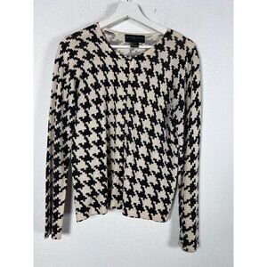 August Silk Womens Houndstooth Button-Up Silk Knit Cardigan Sweater Medium Black
